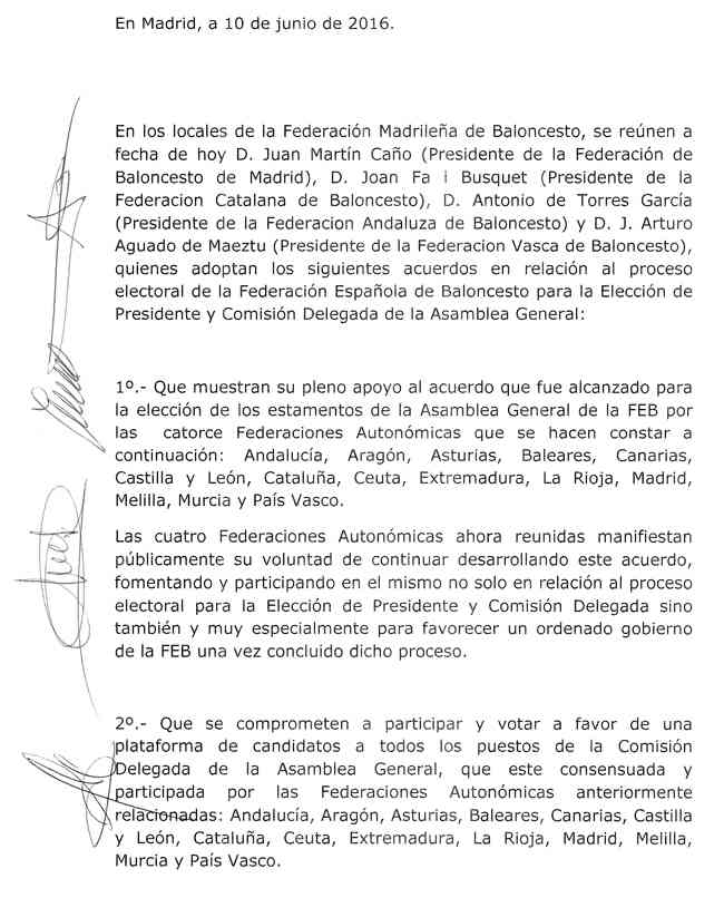 Las federaciones madrileña, vasca, catalana y andaluza se unen para votar a Aguado para la FEB; Garbajosa y Cabeza, en minoría