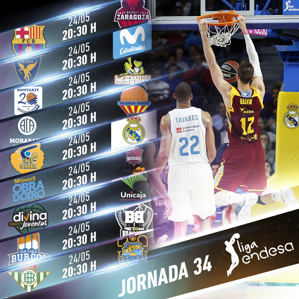Jornada 34: el cuadro de playoffs se decide esta noche; Real Madrid, Baskonia, Barça y Valencia buscan rivales
