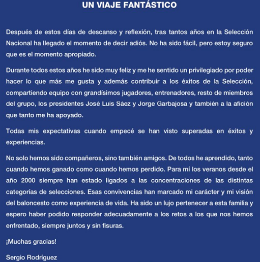 Sergio Rodríguez anuncia su adiós a la selección absoluta